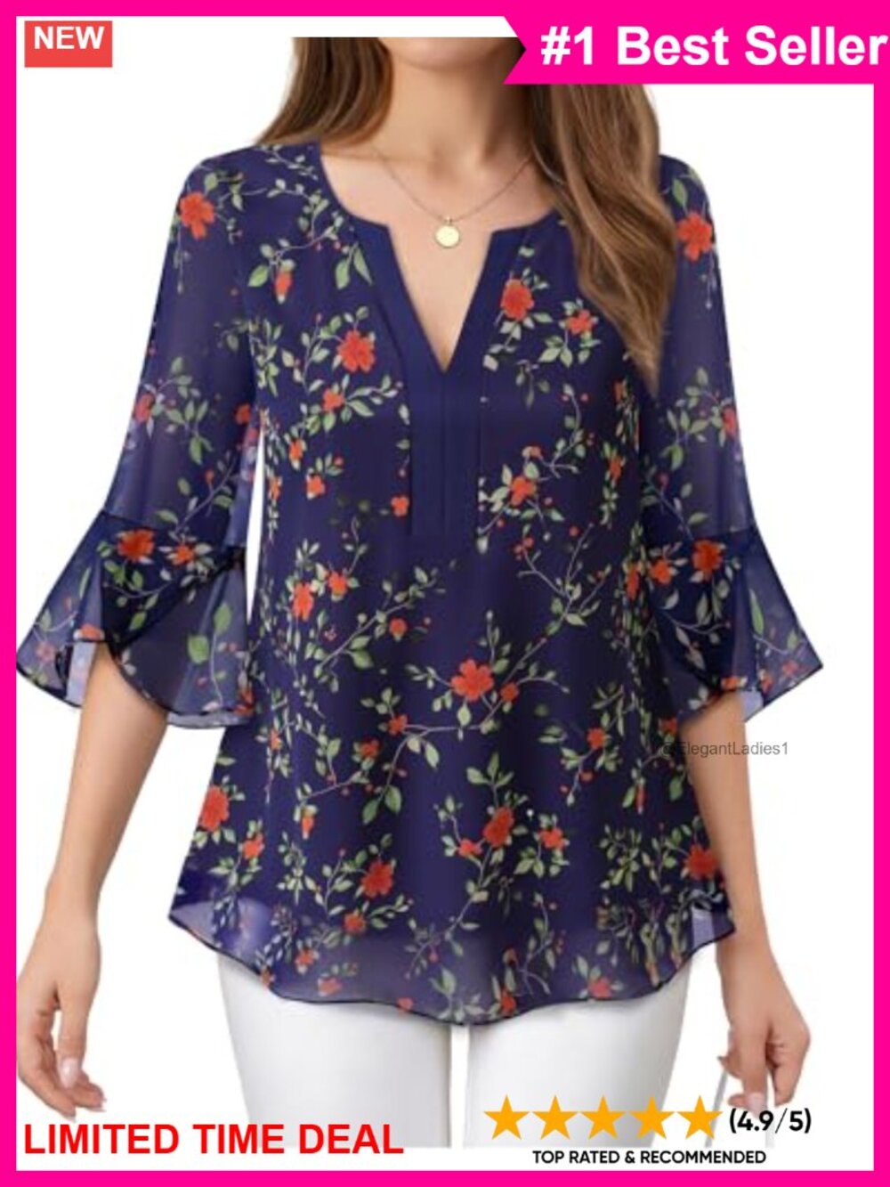 Chiffon Floral Boho Blouse 3/4 Sleeve V-Neck Dressy Casual Top